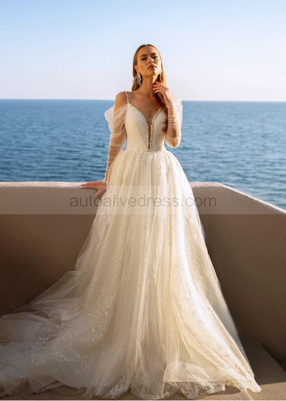 Beaded Ivory Lace Tulle Shiny Wedding Dress With Detachable Sleeves